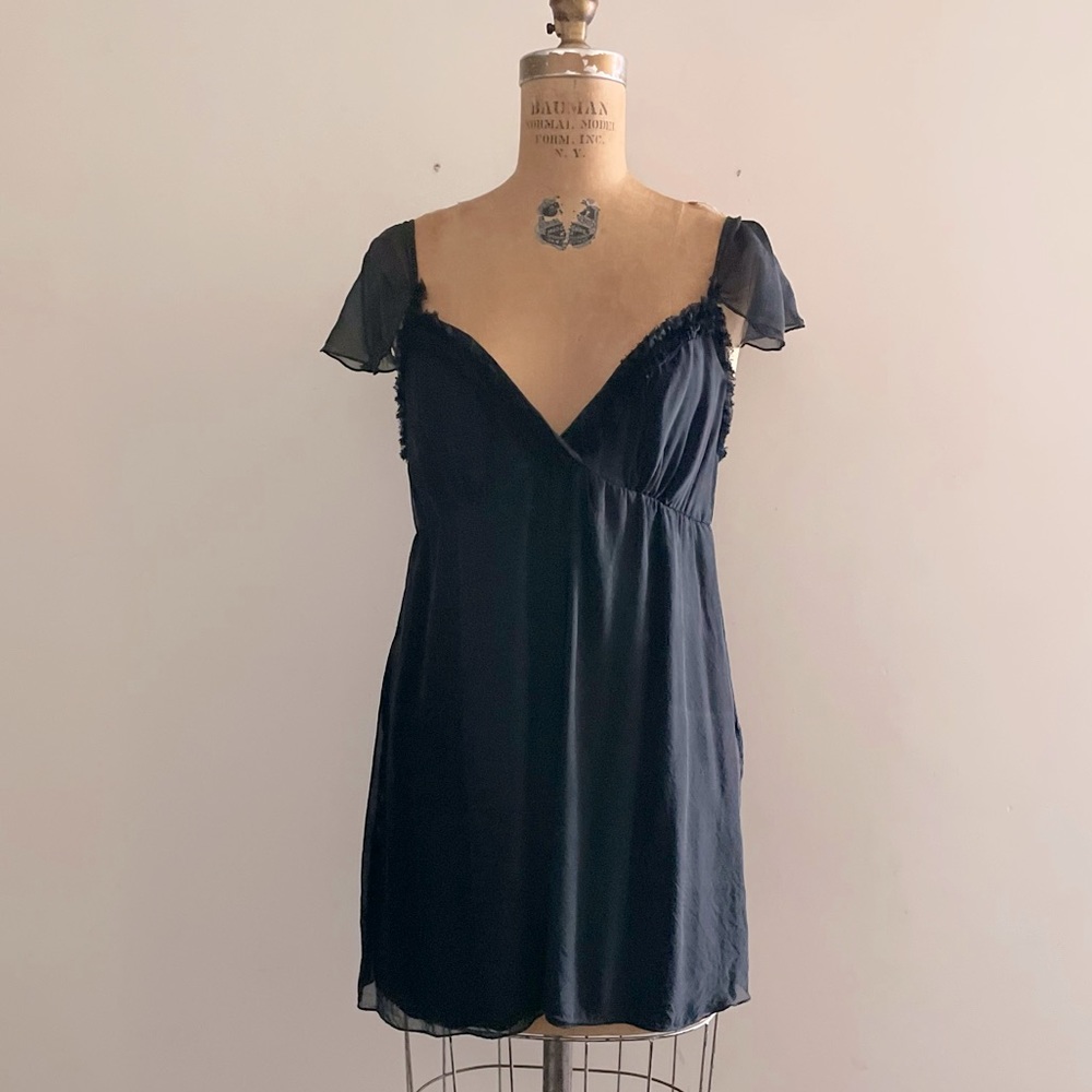 Gold Hawk] Black Silk Ruffles Babydoll Cami Mini Dress